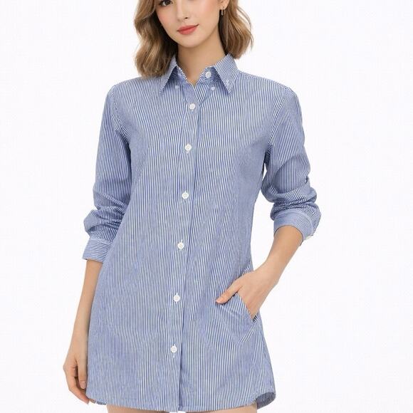 unknown Dresses & Skirts - Korean Fashion Blue Pinstripe Shirt Dress Preppy Button Down
